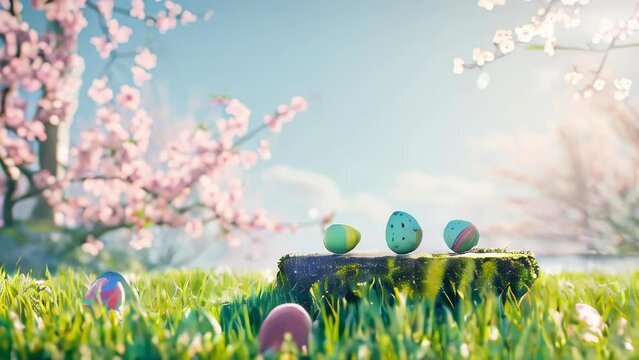 Easter illustration of a scene full of holiday decorations, easter eggs in natural environment