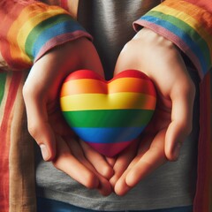 Hands holding a rainbow heart. Concept of LGBTQ love, same sex relation and diversity. Generative ai - obrazy, fototapety, plakaty