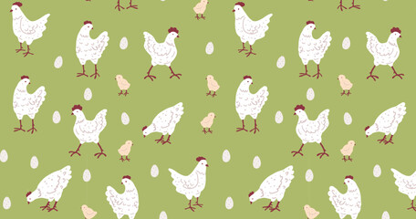 Seamless pattern of chickens and eggs on green background. Chicken backdrop in pastel colours. Hand-drawn poultry repeat design for textile, wallpaper for nursery and wrapping paper. 