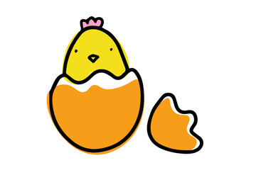 Cartoon chick hatching from egg.  Hand drawn baby bird illustration. Easter and springtime concept for children books and print. Chick simple line drawing. 