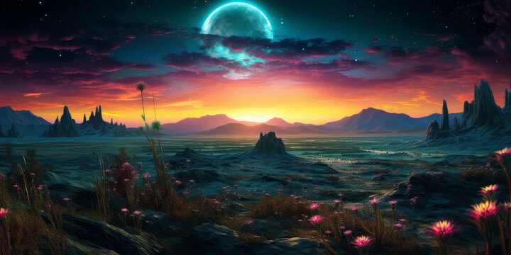 Galen Rowell photography of a cinematic alien desert planet with glowing plants at night