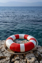 Naklejka premium Red and White Life Saver, Lifebuoy. Summer Adventure, Travel Time Concept