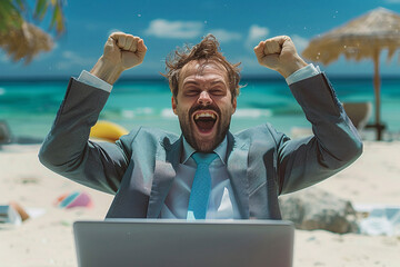 businessman with laptop on the beach, businessman with laptop, Portrait of a young businessman in a suit and tie with a laptop, rejoicing that he has finished work or win on stock market or crypto