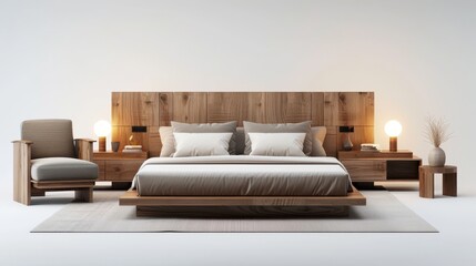 farmhouse bedroom interior design, wall mockup, 3d render
