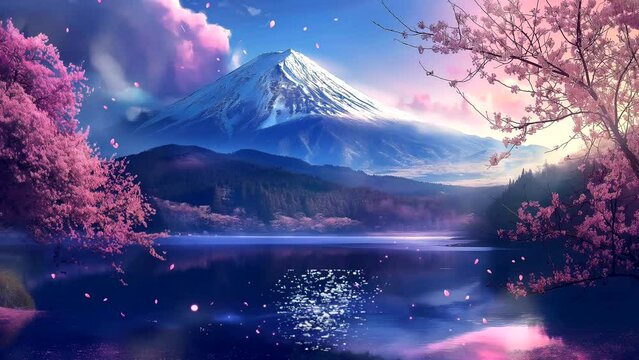 Mount Fuji with calm lake in spring. seamless looping 4k time-lapse video background