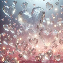 transparent crystal-shaped hearts fall gracefully from the sky, with a focus on two hearts in the foreground. Bokeh and illuminated background. Symbol of fragile and precious love. Digital illustratio