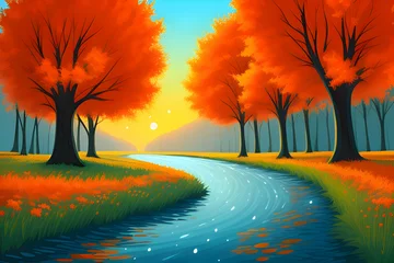 Photo sur Aluminium Rouge 2 Beautiful and Peaceful Nature Scenery Illustration, Landscape, Countryside, Tranquil, Vibrant and Colorful