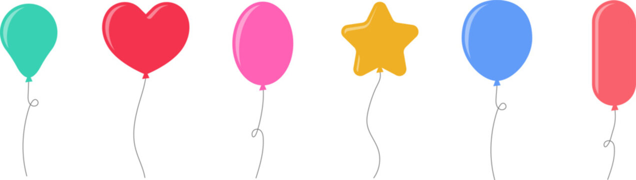 Balloon in cartoon style. Bunch of balloons for birthday or party. Flying balloon with rope. Flat icon vector illustration isolated on white background.