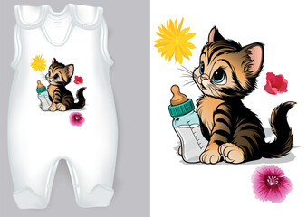 White Baby Rompers with a Cartoon Motif of a Kitty with Baby Bottle - Colored Illustration with Adorable Print Isolated on White Background, Vector