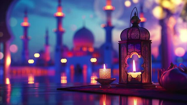 Ramadan lanterns and candlelight with mosque and neon color background light. Seamless looping video