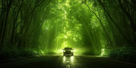 Selbstklebende Fototapeten A Vehicle Illuminates a Path Through an Enchanting Bamboo Forest, Invoking a Sense of Adventure, Generative AI © Ben