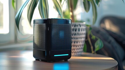 A distinctive and fashionable little dehumidifier with a blue LED light at the bottom of the water tank, resembling a hip and fashionable portable speaker. Black dehimidifier - obrazy, fototapety, plakaty