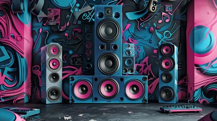 Graffiti speakers with audio isolation in blue and pink product packaging against a black wall and background featuring musical instruments