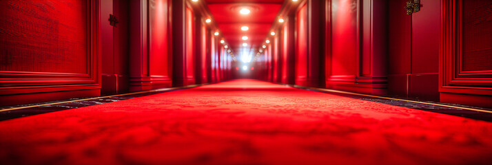 Elegant Red Corridor with Illuminated Entrance, Luxury Interior Design, Modern Architecture with Velvet Touch