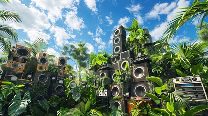 a vast sound system, speaker stacks, lush greenery, and a blue sky - obrazy, fototapety, plakaty