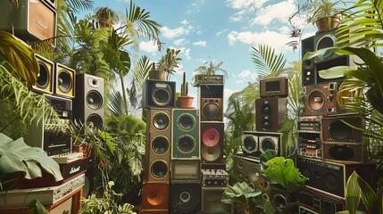 a vast sound system, speaker stacks, lush greenery, and a blue sky - obrazy, fototapety, plakaty