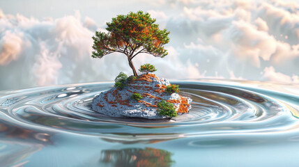 3d render of a holographic liquid swirl encasing a floating island - obrazy, fototapety, plakaty