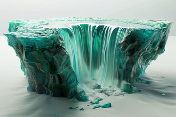 3d render of a liquid emerald waterfall flowing into an unseen abyss