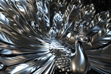 3d render of a metal peacock with feathers unfurled
