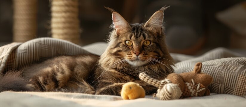 A Maine Coon cat is comfortably laying on top of a bed next to a stuffed animal, with a toy mouse beside it. The cat looks relaxed and content in the cozy setting.