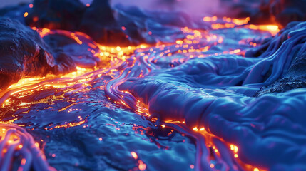 3d render of glowing lava meeting cool, blue waves