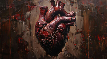 A heart pierced by multiple sharp objects, leaking darkness