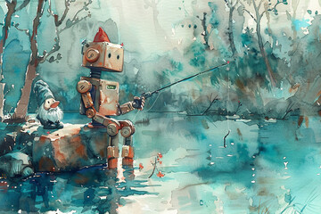 A peaceful watercolor of a robot sitting quietly with a gnome, fishing in a crystal-clear lake - obrazy, fototapety, plakaty