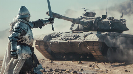 A knight wielding a sword in front of a heavily armored tank - obrazy, fototapety, plakaty