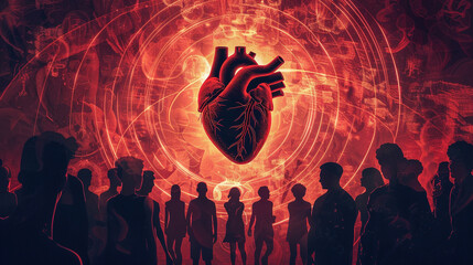 A pulsating heart surrounded by a halo of shadowy figures