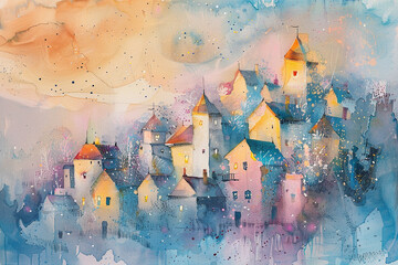 Storybook village in watercolor, with castles and dreamlike skies