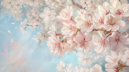 Soft pink cherry blossoms against a blurred blue background. Digital art with a dreamy atmosphere. Springtime beauty and nature concept for greeting card and invitation design.