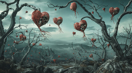 A surreal landscape of floating hearts and drifting bones entwined in a melancholic dance