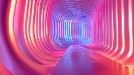 3D rendering. Futuristic sci-fi tunnel with bright neon lights. Glowing lines in the dark. Abstract background.