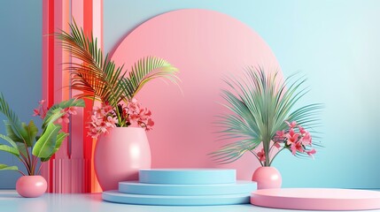 3d rendering of a pink and blue podium with pink and blue flowers and palm leaves on a pink and blue background.