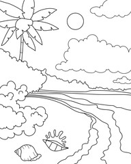 Beach with palm trees and shells. Coloring page, black and white vector illustration.