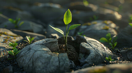 Cinematic portrayal of a stone cracking open to reveal a vibrant sprout inside, symbolizing hidden potential