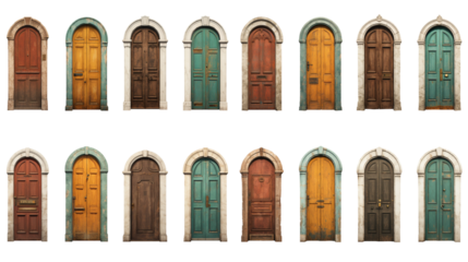 Set of wooden vintage door on transparent background