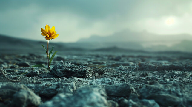 Cinematic shot of a lone bloom emerging from the core of a barren landscape, signifying hope and resilience
