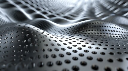 Abstract close-up of a shiny, silver, perforated metal surface with a wavy pattern.