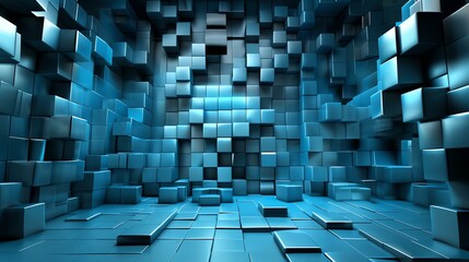 3D rendering of a blue room with a lot of small cubes on the walls and floor. The cubes are randomly arranged and create a sense of depth.