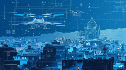 Conceptual visualization of a food delivery drone network, detailed in a blueprint style against a cityscape background