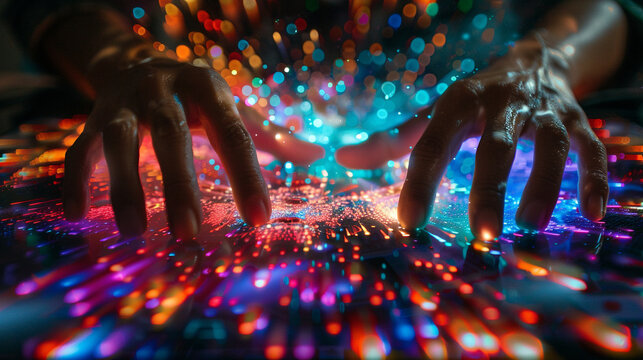 Close-up on a coders hands, typing a sequence that bursts into a kaleidoscope of colors on the screen