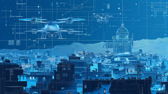Conceptual visualization of a food delivery drone network, detailed in a blueprint style against a cityscape background
