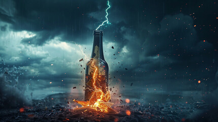 Dramatic portrayal of a bottle breaking as it attempts to contain lightning, symbolizing the uncontainable force of nature - obrazy, fototapety, plakaty
