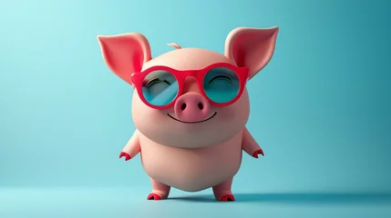Tuinposter 3D rendering of a cute and happy cartoon pig wearing red sunglasses. The pig is standing on a blue background and has a big smile on its face. © Nijat