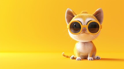 A cute and fluffy orange cat wearing yellow sunglasses is sitting on a yellow background. The cat is looking at the camera with a curious expression.
