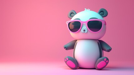 Cute 3D cartoon panda wearing pink sunglasses sitting on a pink background. The panda has a...