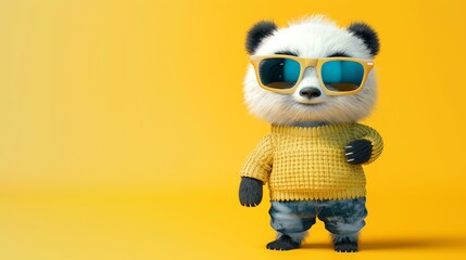 3D rendering of a cute cartoon panda wearing yellow sunglasses and a yellow sweater vest.