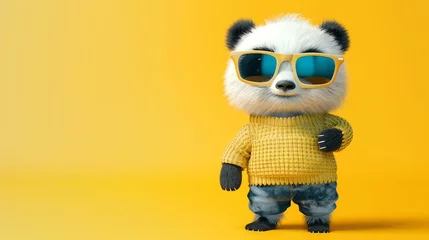 3D rendering of a cute cartoon panda wearing yellow sunglasses and a yellow sweater vest. © Nijat
