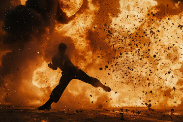 Dramatic shot of a silhouette performing a kick against a backdrop of explosive VFX, symbolizing the clash of forces - obrazy, fototapety, plakaty